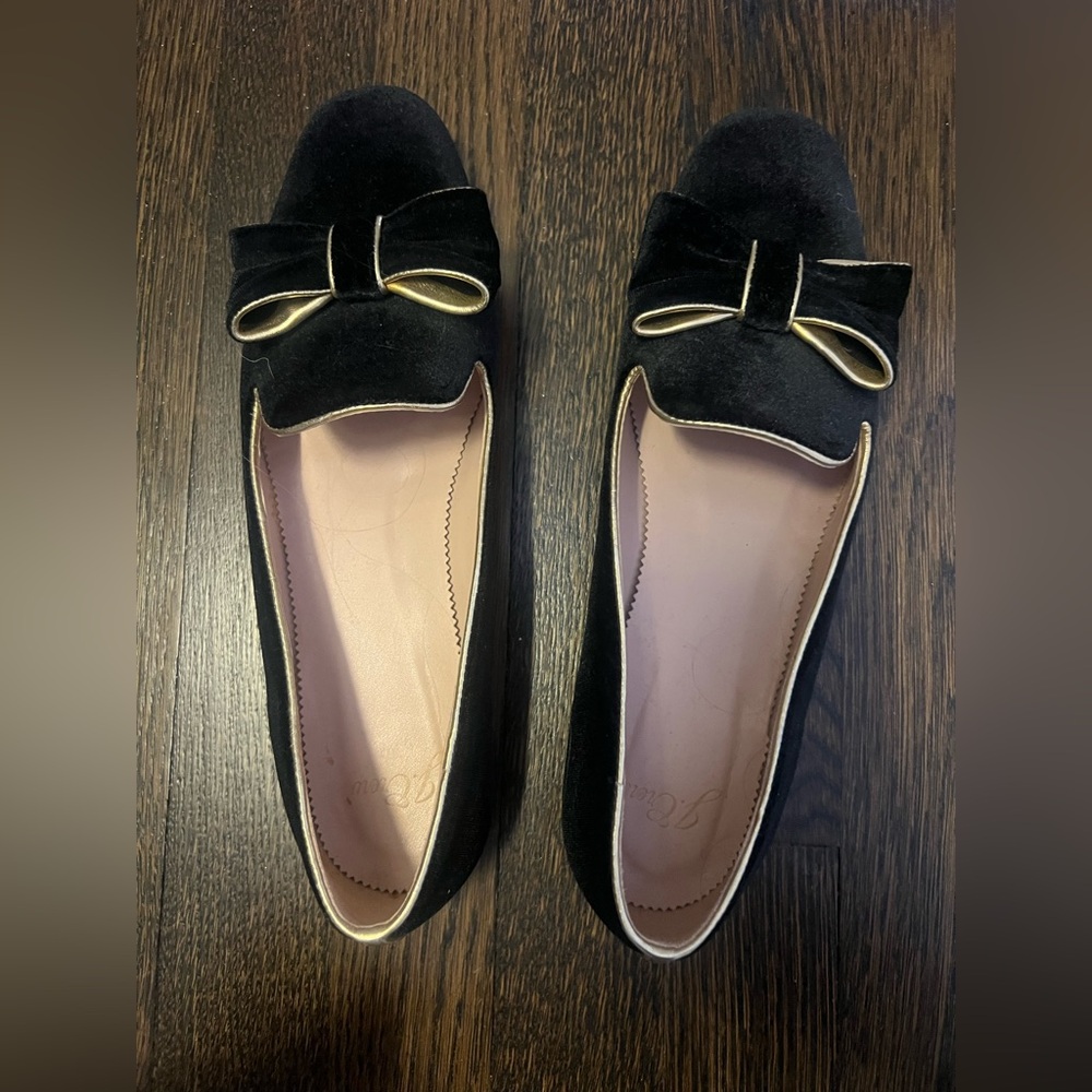J. Crew Black Velvet Loafers with Gold Bow